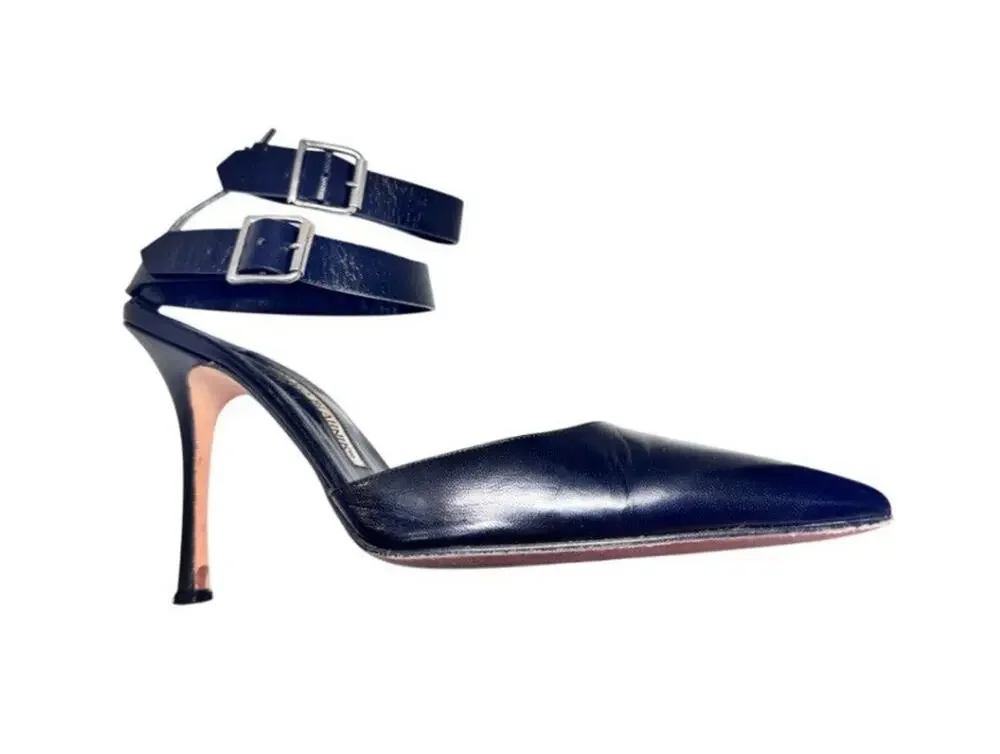 MANOLO BLAHNIK BLACK LEATHER DOUBLE STRAP PUMPS 38 US 8 ITALY AUTHENTIC